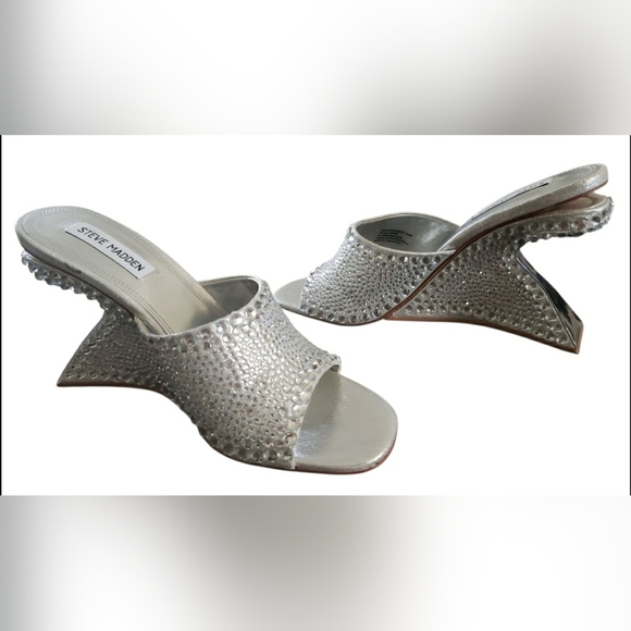 Holiday Rinestone Silver 8.5 Bling Sexy Sculpture Formal Heel Mule New - Picture 9 of 11